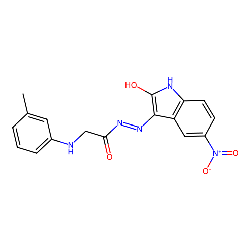 (E)-N'-(5-nitro-2-oxoindolin-3-ylidene)-2-(m-tolylamino)acetohydrazide structure