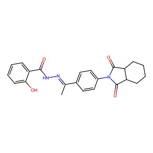 N-[(E)-1-[4-(1,3-dioxo-3a,4,5,6,7,7a-hexahydroisoindol-2-yl)phenyl]ethylideneamino]-2-hydroxybenzamide structure