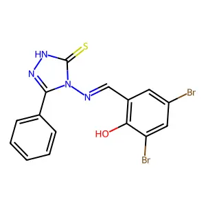 2,4-dibromo-6-{[(3-phenyl-5-sulfanyl-4H-1,2,4-triazol-4-yl)imino]methyl}phenol structure