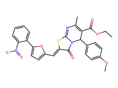 ethyl (2Z)-5-(4-methoxyphenyl)-7-methyl-2-{[5-(2-nitrophenyl)furan-2-yl]methylidene}-3-oxo-2,3-dihydro-5H-[1,3]thiazolo[3,2-a]pyrimidine-6-carboxylate structure