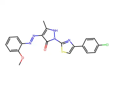 (4E)-2-[4-(4-chlorophenyl)-1,3-thiazol-2-yl]-4-[2-(2-methoxyphenyl)hydrazinylidene]-5-methyl-2,4-dihydro-3H-pyrazol-3-one structure