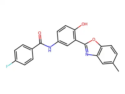 4-fluoro-N-[4-hydroxy-3-(5-methyl-1,3-benzoxazol-2-yl)phenyl]benzamide structure