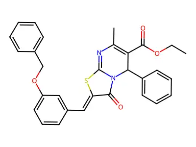 ethyl (2Z)-7-methyl-3-oxo-5-phenyl-2-[(3-phenylmethoxyphenyl)methylidene]-5H-[1,3]thiazolo[3,2-a]pyrimidine-6-carboxylate structure