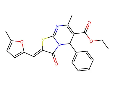 (Z)-ethyl 7-methyl-2-((5-methylfuran-2-yl)methylene)-3-oxo-5-phenyl-3,5-dihydro-2H-thiazolo[3,2-a]pyrimidine-6-carboxylate structure