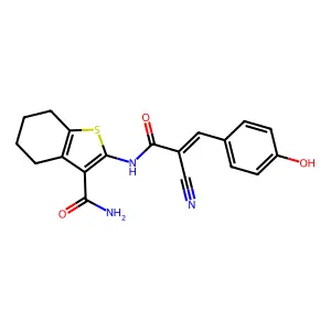 (E)-2-(2-cyano-3-(4-hydroxyphenyl)acrylamido)-4,5,6,7-tetrahydrobenzo[b]thiophene-3-carboxamide structure