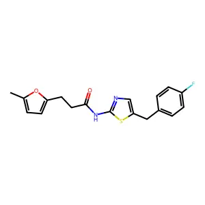 N-[5-(4-fluorobenzyl)-1,3-thiazol-2-yl]-3-(5-methylfuran-2-yl)propanamide structure