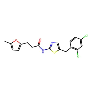 N-[5-(2,4-dichlorobenzyl)-1,3-thiazol-2-yl]-3-(5-methylfuran-2-yl)propanamide structure