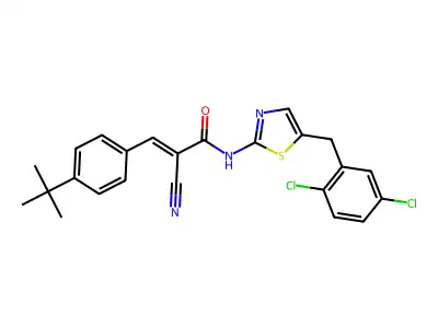 (2E)-3-(4-tert-butylphenyl)-2-cyano-N-[5-(2,5-dichlorobenzyl)-1,3-thiazol-2-yl]prop-2-enamide structure
