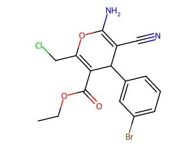 ethyl 6-amino-4-(3-bromophenyl)-2-(chloromethyl)-5-cyano-4H-pyran-3-carboxylate structure
