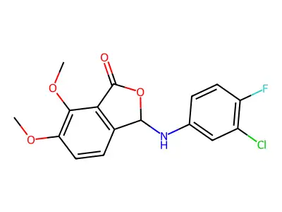 3-[(3-chloro-4-fluorophenyl)amino]-6,7-dimethoxy-2-benzofuran-1(3H)-one structure