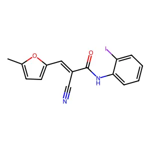 (2E)-2-cyano-N-(2-iodophenyl)-3-(5-methylfuran-2-yl)prop-2-enamide structure