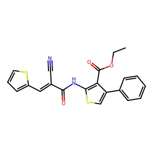 (E)-ethyl 2-(2-cyano-3-(thiophen-2-yl)acrylamido)-4-phenylthiophene-3-carboxylate structure
