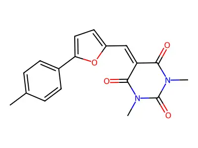 1,3-dimethyl-5-((5-(p-tolyl)furan-2-yl)methylene)pyrimidine-2,4,6(1H,3H,5H)-trione structure