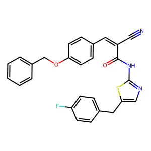 (Z)-3-(4-(benzyloxy)phenyl)-2-cyano-N-(5-(4-fluorobenzyl)thiazol-2-yl)acrylamide structure