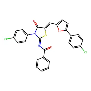 N-[(2Z,5E)-3-(4-chlorophenyl)-5-{[5-(4-chlorophenyl)furan-2-yl]methylidene}-4-oxo-1,3-thiazolidin-2-ylidene]benzamide structure