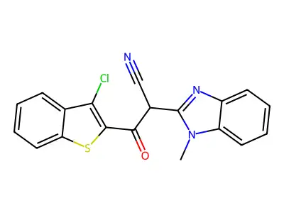 3-(3-chlorobenzo[b]thiophen-2-yl)-2-(1-methyl-1H-benzo[d]imidazol-2-yl)-3-oxopropanenitrile structure