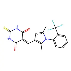 5-({2,5-dimethyl-1-[2-(trifluoromethyl)phenyl]-1H-pyrrol-3-yl}methylidene)-2-sulfanylidene-1,3-diazinane-4,6-dione structure