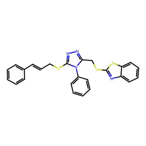 2-[[4-phenyl-5-[(E)-3-phenylprop-2-enyl]sulfanyl-1,2,4-triazol-3-yl]methylsulfanyl]-1,3-benzothiazole structure