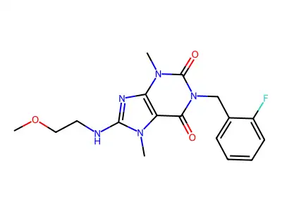 1-[(2-Fluorophenyl)methyl]-8-(2-methoxyethylamino)-3,7-dimethylpurine-2,6-dione structure