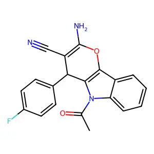 5-Acetyl-2-amino-4-(4-fluorophenyl)-4,5-dihydropyrano[3,2-b]indole-3-carbonitrile structure
