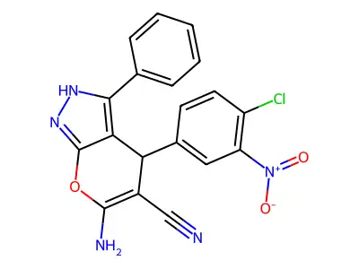 6-amino-4-(4-chloro-3-nitrophenyl)-3-phenyl-1,4-dihydropyrano[2,3-c]pyrazole-5-carbonitrile structure