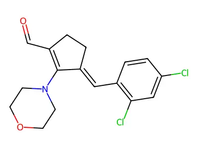(3E)-3-[(2,4-DICHLOROPHENYL)METHYLIDENE]-2-(MORPHOLIN-4-YL)CYCLOPENT-1-ENE-1-CARBALDEHYDE structure
