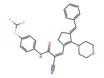 (Z)-3-[(3E)-3-Benzylidene-2-morpholin-4-ylcyclopenten-1-yl]-2-cyano-N-[4-(difluoromethylsulfanyl)phenyl]prop-2-enamide structure