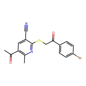 5-acetyl-2-[2-(4-bromophenyl)-2-oxoethyl]sulfanyl-6-methylpyridine-3-carbonitrile structure