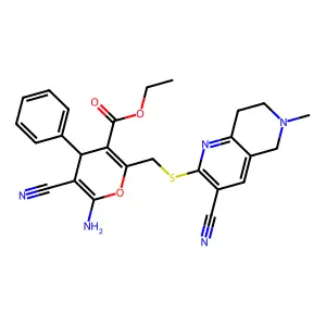 ethyl 6-amino-5-cyano-2-{[(3-cyano-6-methyl-5,6,7,8-tetrahydro-1,6-naphthyridin-2-yl)sulfanyl]methyl}-4-phenyl-4H-pyran-3-carboxylate structure