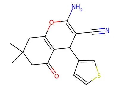 2-amino-7,7-dimethyl-5-oxo-4-(thiophen-3-yl)-5,6,7,8-tetrahydro-4H-chromene-3-carbonitrile structure