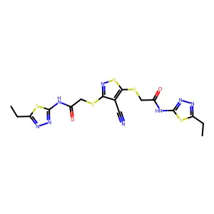 2,2'-((4-Cyanoisothiazole-3,5-diyl)bis(sulfanediyl))bis(N-(5-ethyl-1,3,4-thiadiazol-2-yl)acetamide) structure