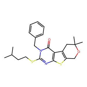 3-benzyl-2-(isopentylsulfanyl)-6,6-dimethyl-3,5,6,8-tetrahydro-4H-pyrano[4',3':4,5]thieno[2,3-d]pyrimidin-4-one structure