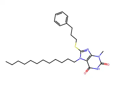 7-dodecyl-3-methyl-8-[(3-phenylpropyl)sulfanyl]-3,7-dihydro-1H-purine-2,6-dione structure