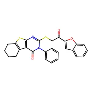 2-[2-(1-benzofuran-2-yl)-2-oxoethyl]sulfanyl-3-phenyl-5,6,7,8-tetrahydro-[1]benzothiolo[2,3-d]pyrimidin-4-one structure
