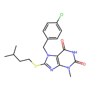 7-(4-chlorobenzyl)-8-(isopentylthio)-3-methyl-1H-purine-2,6(3H,7H)-dione structure