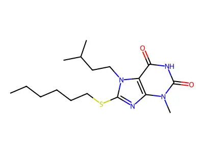 8-Hexylsulfanyl-3-methyl-7-(3-methyl-butyl)-3,7-dihydro-purine-2,6-dione structure