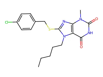 8-[(4-chlorobenzyl)sulfanyl]-3-methyl-7-pentyl-3,7-dihydro-1H-purine-2,6-dione structure