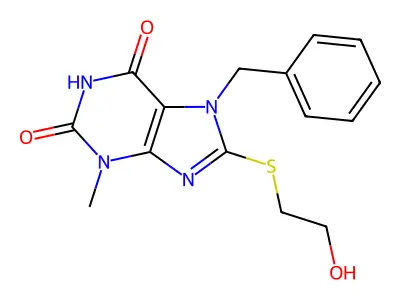 7-benzyl-8-((2-hydroxyethyl)thio)-3-methyl-1H-purine-2,6(3H,7H)-dione structure