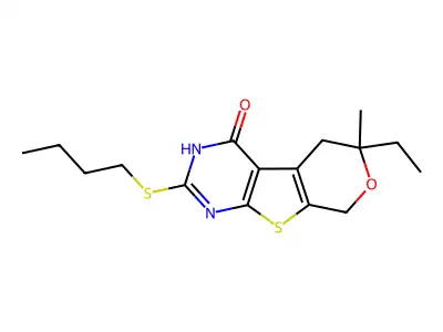 2-(butylsulfanyl)-6-ethyl-6-methyl-3,5,6,8-tetrahydro-4H-pyrano[4',3':4,5]thieno[2,3-d]pyrimidin-4-one structure