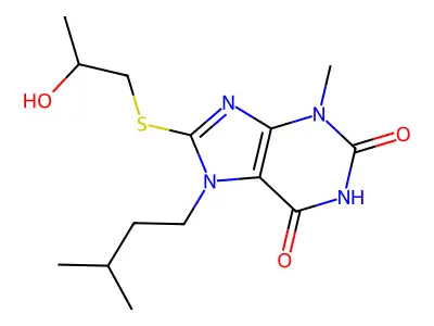8-((2-hydroxypropyl)thio)-7-isopentyl-3-methyl-1H-purine-2,6(3H,7H)-dione structure