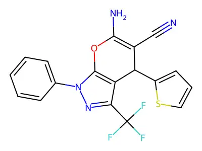 6-amino-1-phenyl-4-(thiophen-2-yl)-3-(trifluoromethyl)-1,4-dihydropyrano[2,3-c]pyrazole-5-carbonitrile structure