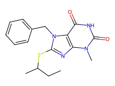 7-benzyl-8-(sec-butylthio)-3-methyl-1H-purine-2,6(3H,7H)-dione structure