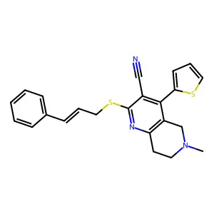 6-methyl-2-{[(2E)-3-phenylprop-2-en-1-yl]sulfanyl}-4-(thiophen-2-yl)-5,6,7,8-tetrahydro-1,6-naphthyridine-3-carbonitrile structure