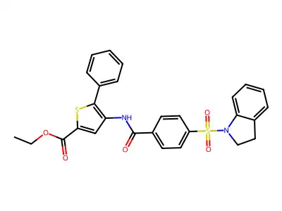Ethyl 4-(4-(indolin-1-ylsulfonyl)benzamido)-5-phenylthiophene-2-carboxylate structure