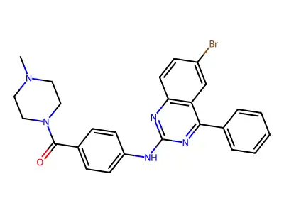 (4-((6-bromo-4-phenylquinazolin-2-yl)amino)phenyl)(4-methylpiperazin-1-yl)methanone structure