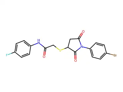2-[1-(4-bromophenyl)-2,5-dioxopyrrolidin-3-yl]sulfanyl-N-(4-fluorophenyl)acetamide structure