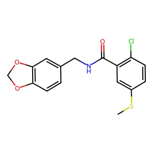 N-(1,3-benzodioxol-5-ylmethyl)-2-chloro-5-methylsulfanylbenzamide structure