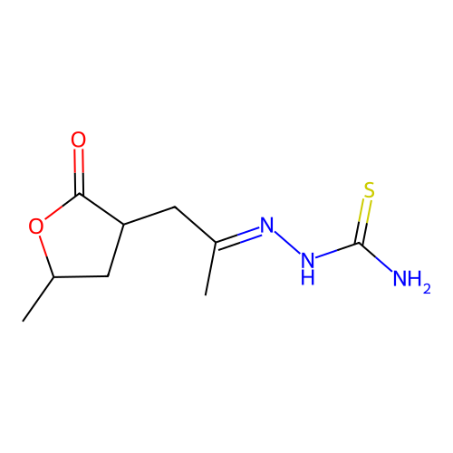(2E)-2-[1-(5-methyl-2-oxotetrahydrofuran-3-yl)propan-2-ylidene]hydrazinecarbothioamide structure