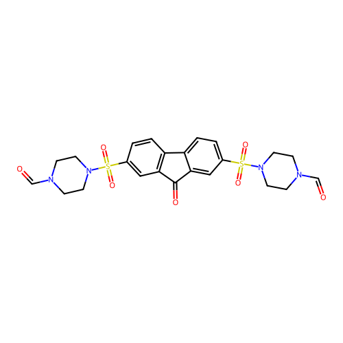 4,4'-(9-oxo-9H-fluorene-2,7-disulfonyl)bis(piperazine-1-carbaldehyde) structure
