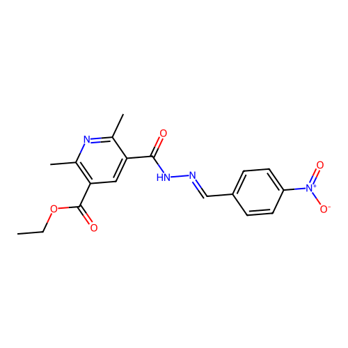 (E)-ethyl 2,6-dimethyl-5-(2-(4-nitrobenzylidene)hydrazinecarbonyl)nicotinate structure